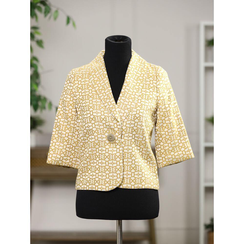 Milly Geometric Print Blazer Gold Rope Button Silk Lined Elbow Sleeve Jacket 2 - Picture 1 of 14